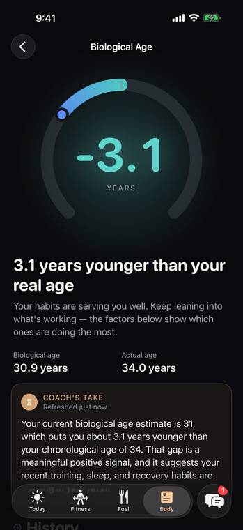 Onyx Biological Age: 3.1 years younger, biological age 30.9 against an actual age of 34
