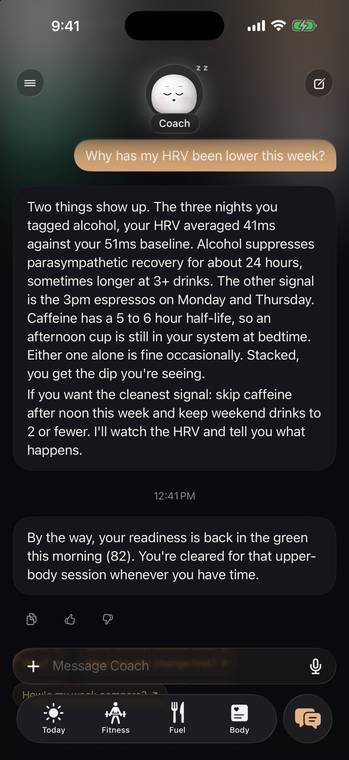 Onyx Coach chat: Coach explains a dip in HRV using your own data