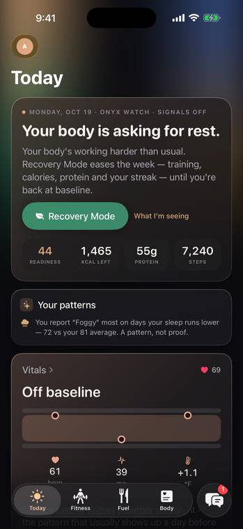 Onyx Today on an off day: your body is asking for rest, readiness 44, vitals off baseline