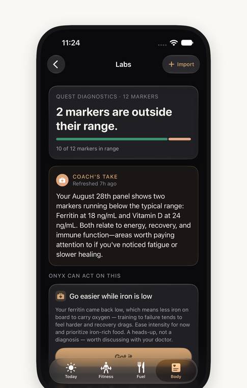 Onyx Labs: two markers outside their range, explained in plain language