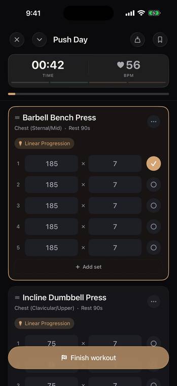 Onyx workout logger: bench press sets prefilled from last session at 185 lb