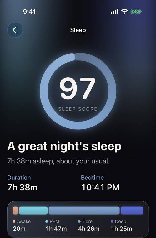 Onyx Sleep: score 97, 7 hours 38 minutes asleep, and sleep stages