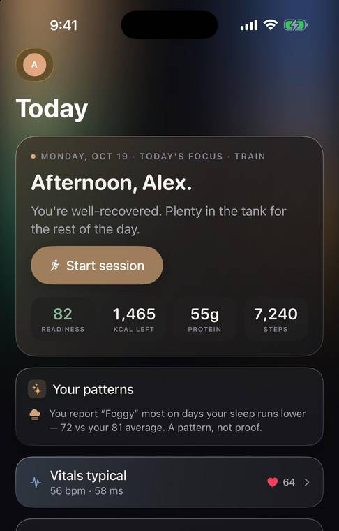 Onyx Today screen: well recovered, readiness 82, calories left, protein and steps